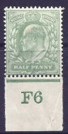 sg217 M2(1) ½d Very Pale Yellowish Green Control F6 imperf De La Rue MOUNTED