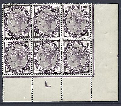 1d lilac control L perf superb corner marginal block of 6 MOUNTED MINT