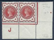 ½d Vermilion Jubilee control J perf corner pair - frame break UNMOUNTED MINT