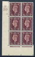 1937 1½d Brown Dark colours F39 159 Dot perf 5(E I) block 6 UNMOUNTED MINT MNH