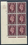 1937 1½d Brown Dark colours F39 161 No Dot perf 5(E I) block 6 UNMOUNTED MINT