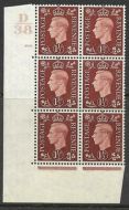 1937 1½d Brown Dark colours D38 106 No Dot perf 5(E I) block 6 UNMOUNTED MINT