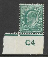 Sg 216 ½d Blue-Green Control C4 imperf (single perf ext) De La Rue MOUNTED MINT