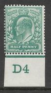 Sg 216 ½d Blue-Green Control D4 imperf (single perf ext) De La Rue MOUNTED MINT