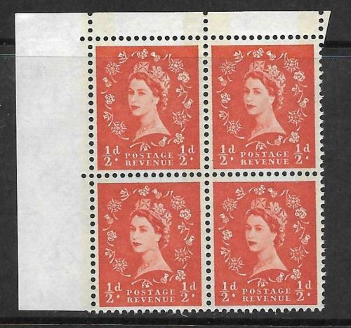 Sg S12a ½d Wilding Phos 1 x6mm NB left top corner block of 4 UNMOUNTED MINT