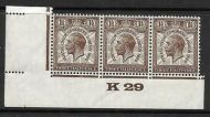 1929 1½d PUC Control K 29 Marginal Strip of 3 UNMOUNTED MINT with faults