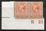 N19(5) 2d Orange Royal Cypher Control R 21 Corner pair imperf UNMOUNTED MINT