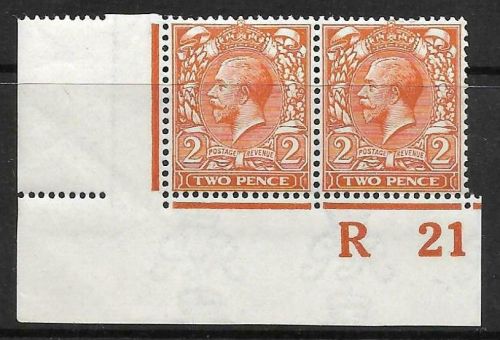N19(5) 2d Orange Royal Cypher Control R 21 Corner pair imperf UNMOUNTED MINT