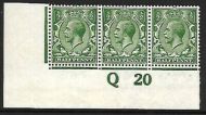 N14(5) ½d Very Deep Green Control Q20 strip of 3 with Hendon Cert UNMOUNTED MINT