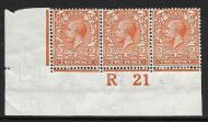 N19(5) 2d Orange Royal Cypher Control R 21 imperf strip 3 lightly MOUNTED MINT