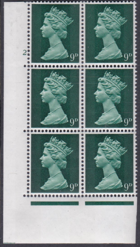 Pre-decimal Machin 9d GA 2B Head A perf A Cylinder 2 No Dot - MNH