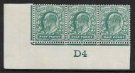 Sg 216 M1(2) ½d Blue-Green Control D4 imperf De La Rue perf V1 UNMOUNTED MINT