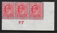 Sg 219 M5(1) 1d Scarlet Control F7 Strip of 3 perf V2A UNMOUNTED MINT MNH