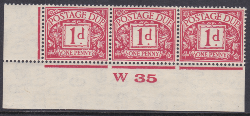D11 1d Harrison Printings Postage due W35 Imperf Strip of 3 Unounted Mint