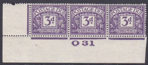 D14 3d Block Cypher Postage due Control O31 strip of 3 Imperf Unmounted Mint
