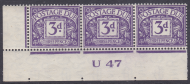 D30 3d George VI Postage due Control strip of 3 U 47  UNMOUNTED MINT