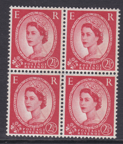 S66b 2½d Wilding 1 x 8mm band photo right m c white blck of 4 UNMOUNTED MINT