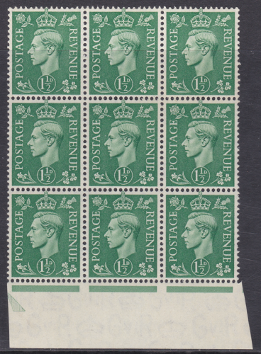 Sg 505h 1½d GVI Malformed fleur De Lys at right Block of 9 MOUNTED MINT