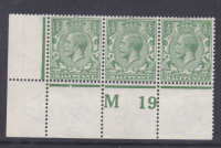 N14(-) ½d Pale Yellow Green Control M19 perf strip of 3 MOUNTED MINT