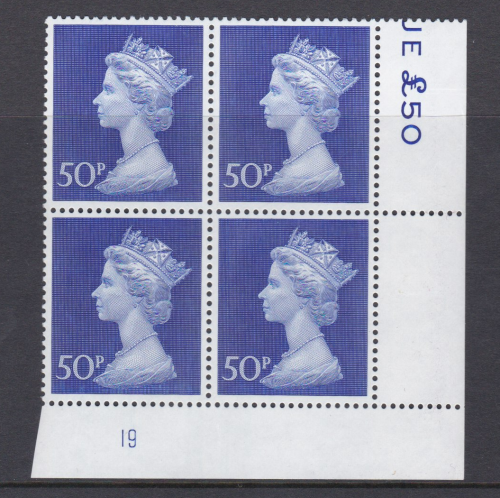 1970 50p Post office phosphorised paper Decimal Machin Cylinder 19 U M