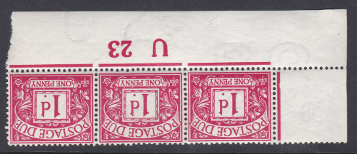 D2 1d Royal Cypher Postage due Control U23 strip of 3 imperf Wmk inv M M