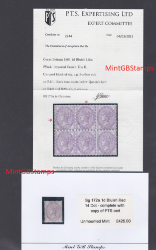 Sg 172a 1d Bluish Lilac 14 Dot with copy PTS cert - UNMOUNTED MINT