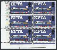 Sg 716pj 1967 EFTA 1 6 (Phos) Cylinder Block of 6 With Listed Flaw MNH