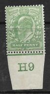 Sg 218 ½d Yellowish-Green Control H9 imperf De La Rue MOUNTED MINT