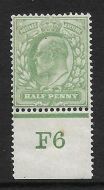 Sg 218 ½d Yellowish-Green Control F6 perf De La Rue UNMOUNTED MINT