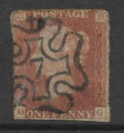 1d Penny Red - with the difficult No.7 in Black MX Cross - GOOD USED