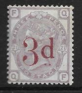 1880 - 1883 Sg 159 3d on 3d Lilac plate 21 Lettered Q-F UNMOUNTED MINT