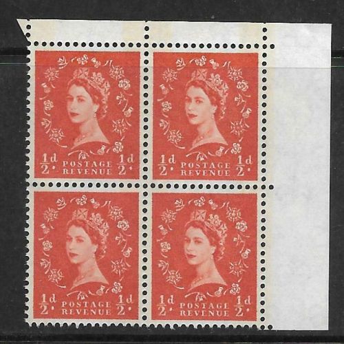 Sg S12a ½d Wilding Phos 1 x6mm NB right top corner block of 4 UNMOUNTED MINT