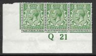 N14(7) ½d Deep Bright Green Control Q 21 imperf strip of 3 MOUNTED MINT