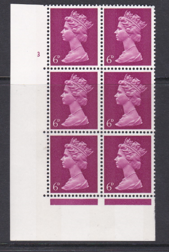 Pre-decimal Machin BRIGHT MAGENTA 6d PVA 2B Head A perf A Cylinder 3 No Dot MNH