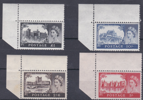 1959 Sg 595-598 2nd De La Rue Castles 4 values top left marginals UNMOUNTED MINT