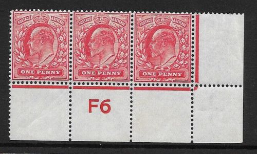 Sg 219 M5(1) 1d Scarlet Control F6 Strip of 3 perf V2 UNMOUNTED MINT MNH