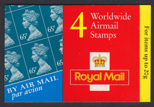 GT1 4 x Worldwide AirMail (65p) stamps Barcode booklet - Cylinder W1