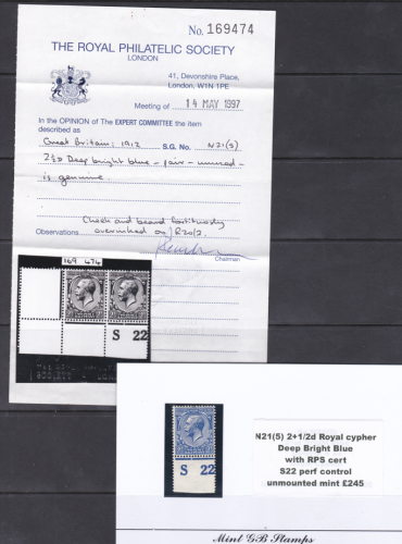 N21(5) 2½d Royal Cypher Deep Bright Blue w  RPS cert S22 perf  UNMOUNTED MINT