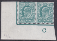 Sg 216 ½d Blue-Green Control De La Rue C Imperf Cont. Rule pair UNMOUNTED MINT